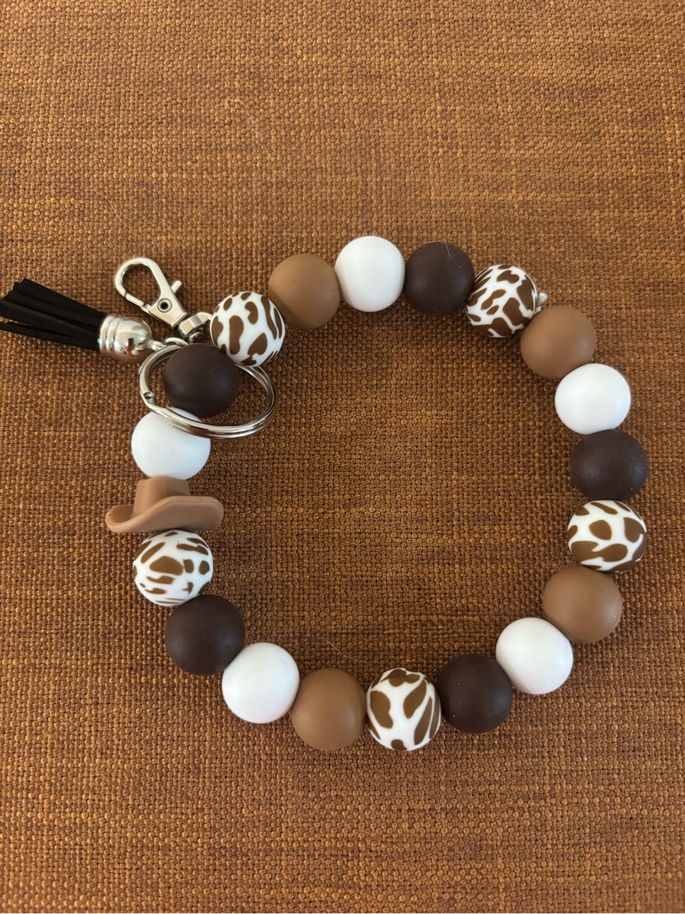 Beaded Cowprint Wristlet Keychain - Brown, White, Tan